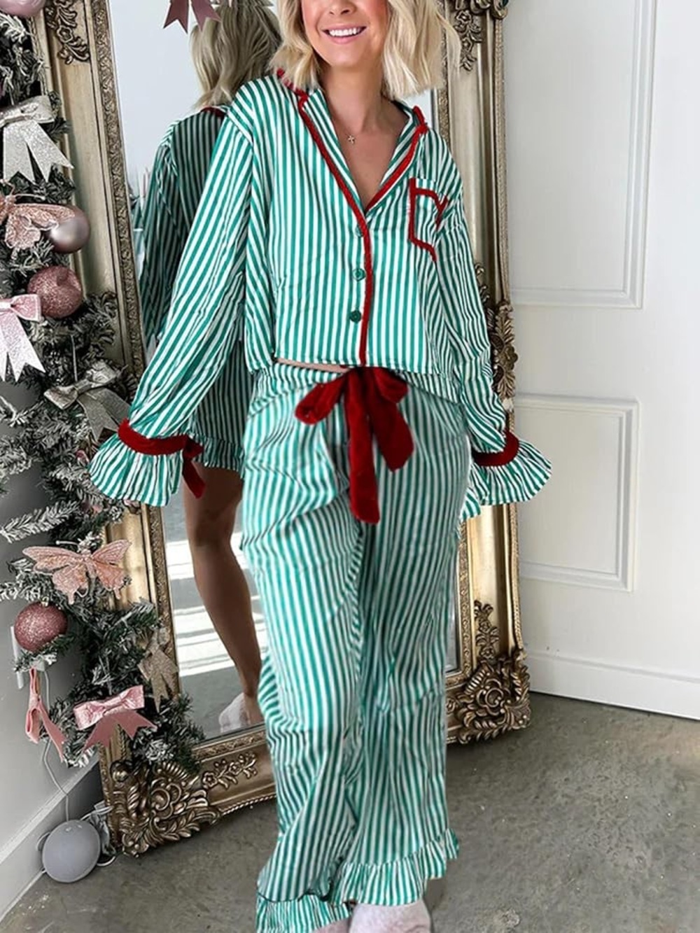 Striped Satin Like Pajama Set with Red Trim Large